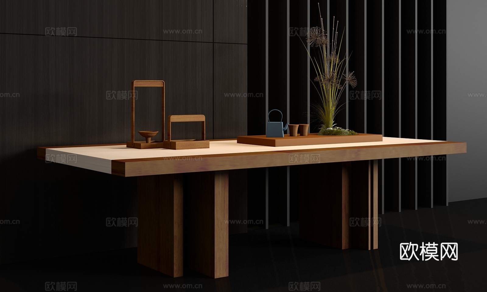 新中式实木茶桌茶具饰品组合3d模型
