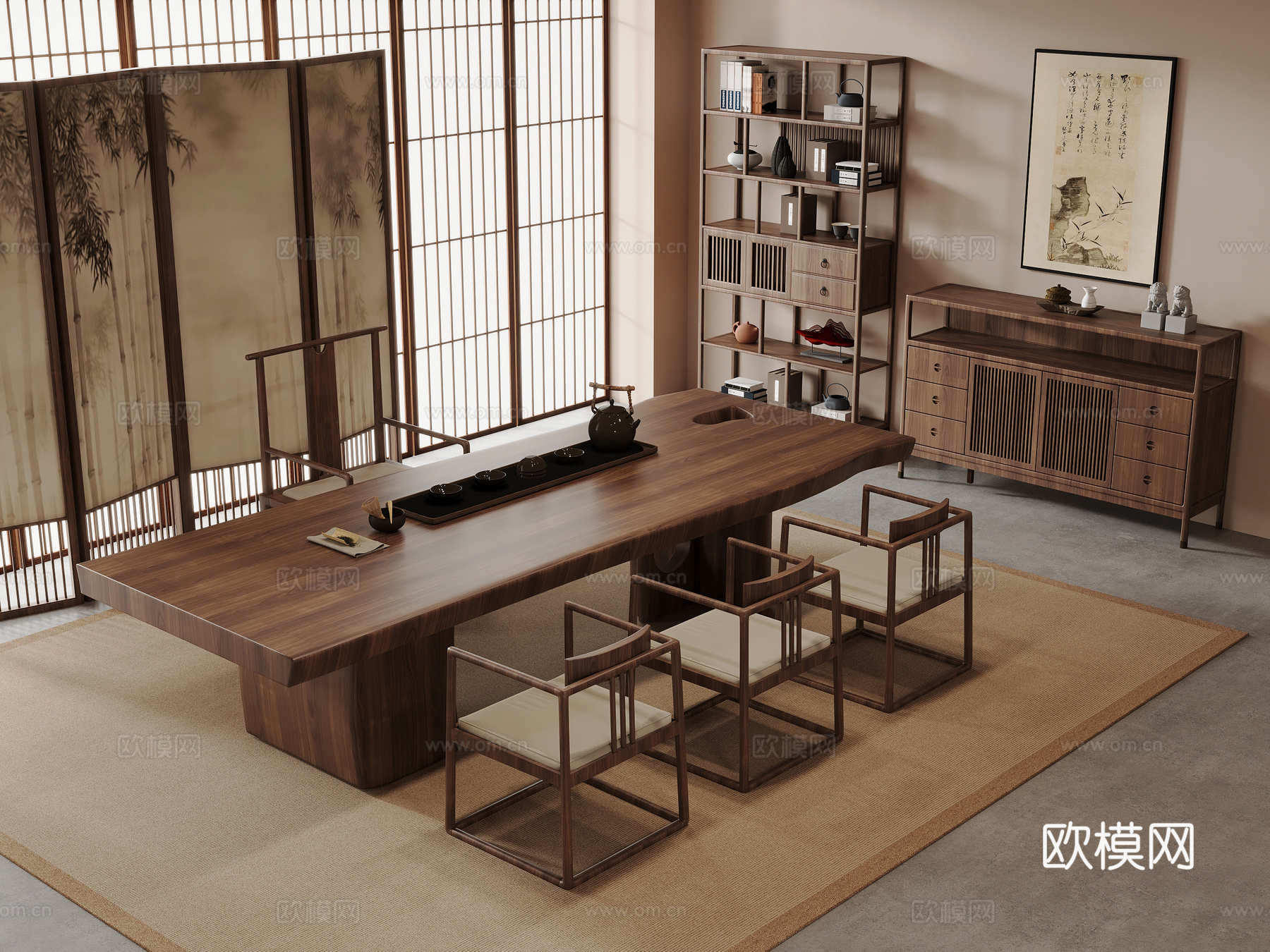 新中式茶室 茶桌椅组合 博古架 屏风3d模型