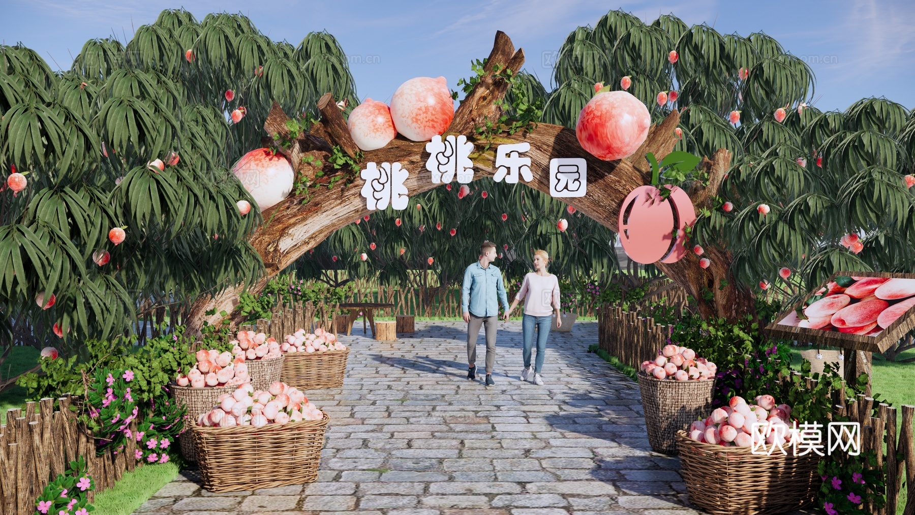 桃子采摘园 桃子公园入口 水蜜桃采摘园 桃子种植林 亲子水果su模型