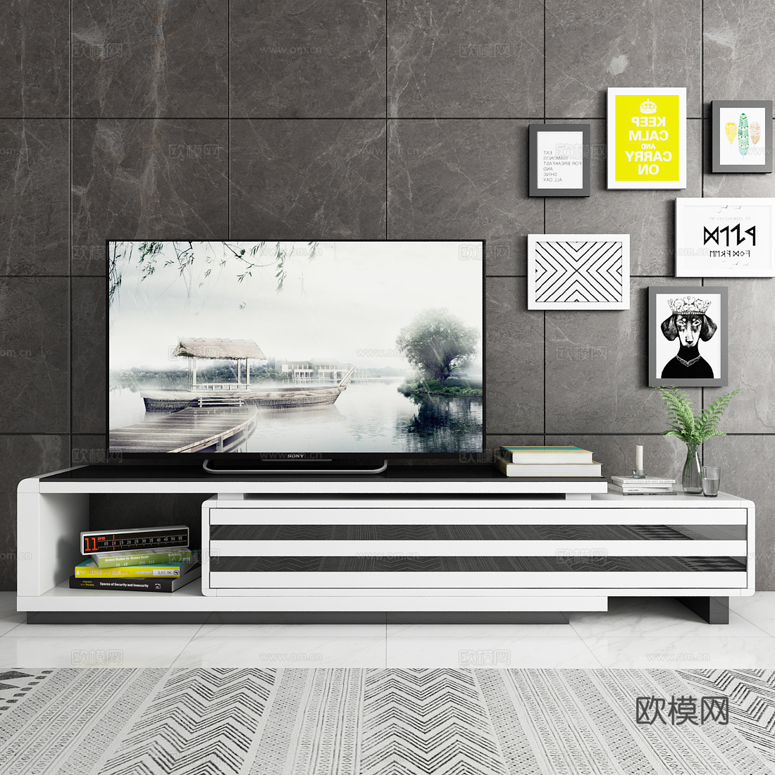 现代电视柜 电视 相框 书籍 饰品 地毯模型3d模型下载（渲染图1）