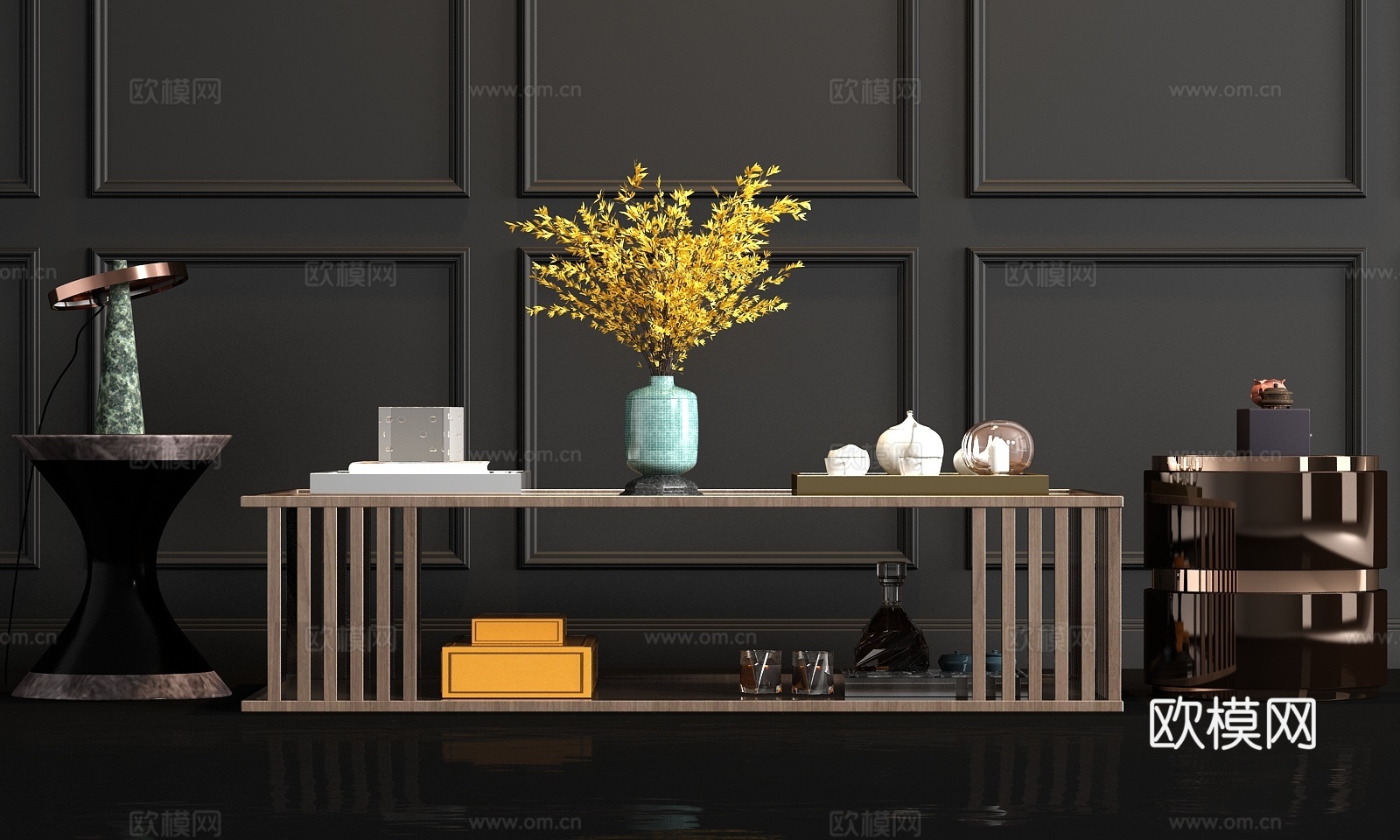 新中式实木茶几角几边几台灯饰品组合3d模型