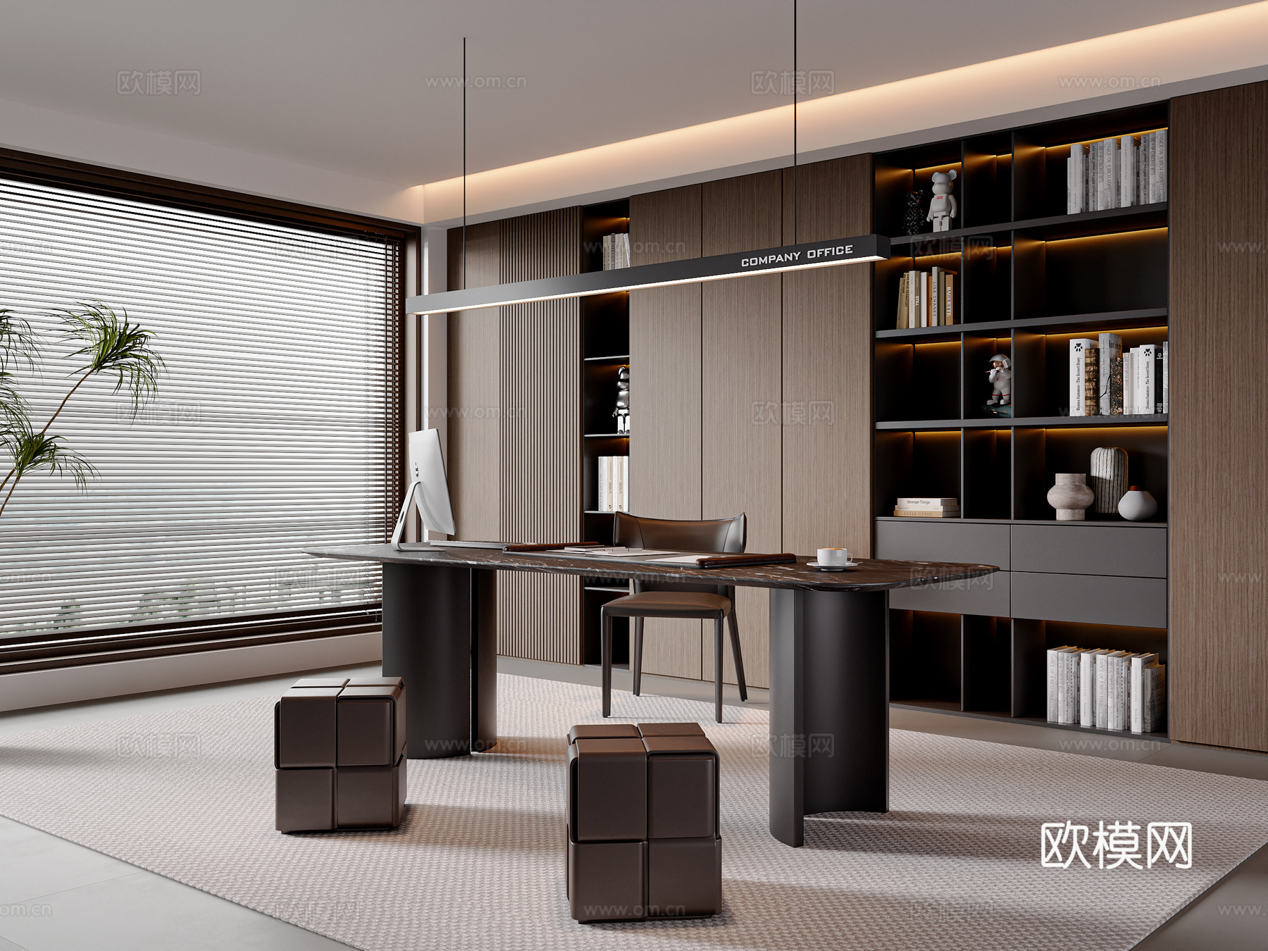 现代意式书房 书桌椅组合 书柜 书房摆件 吊灯 挂画3d模型
