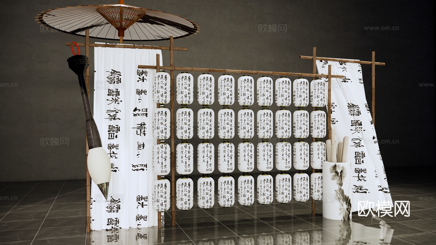 新中式诗词文化美陈 古风灯笼架 艺术文化美陈 中式灯笼 书法su模型