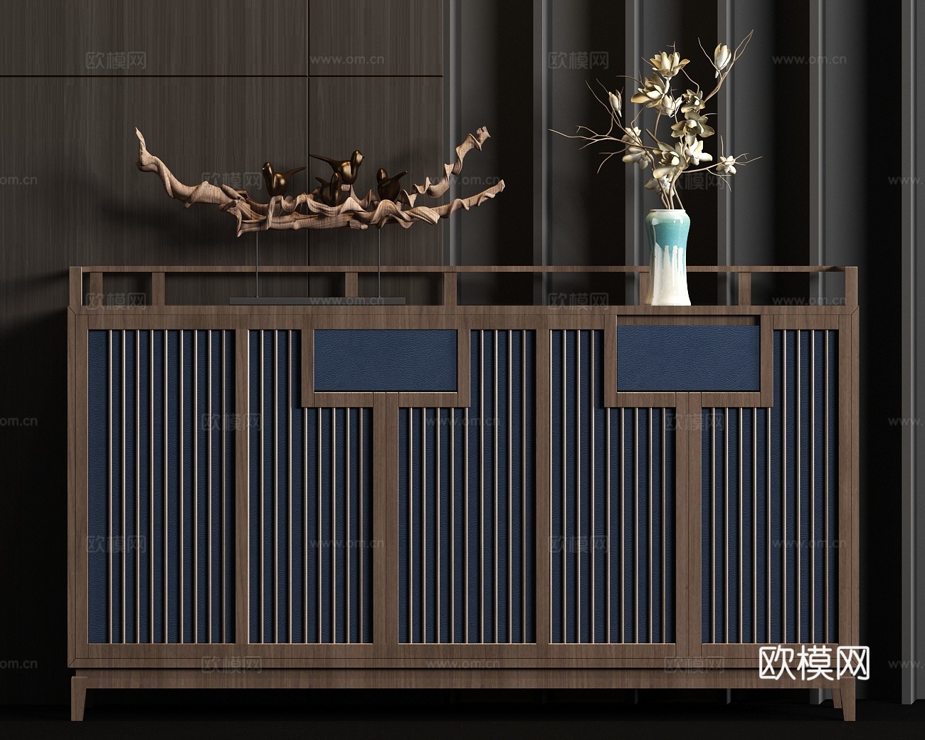新中式实木端景柜饰品组合3d模型
