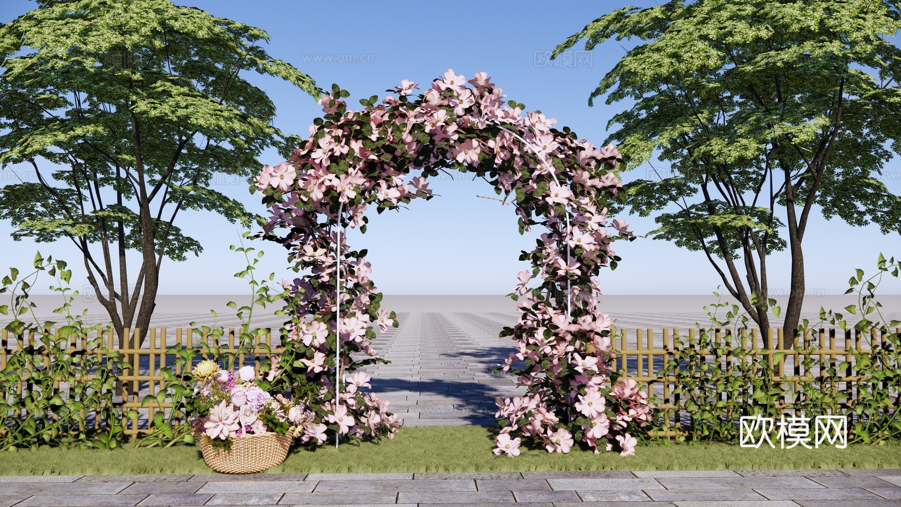 乡村庭院门 民宿小院门 花拱门 拱形花架 花篮 竹篱笆 藤蔓su模型