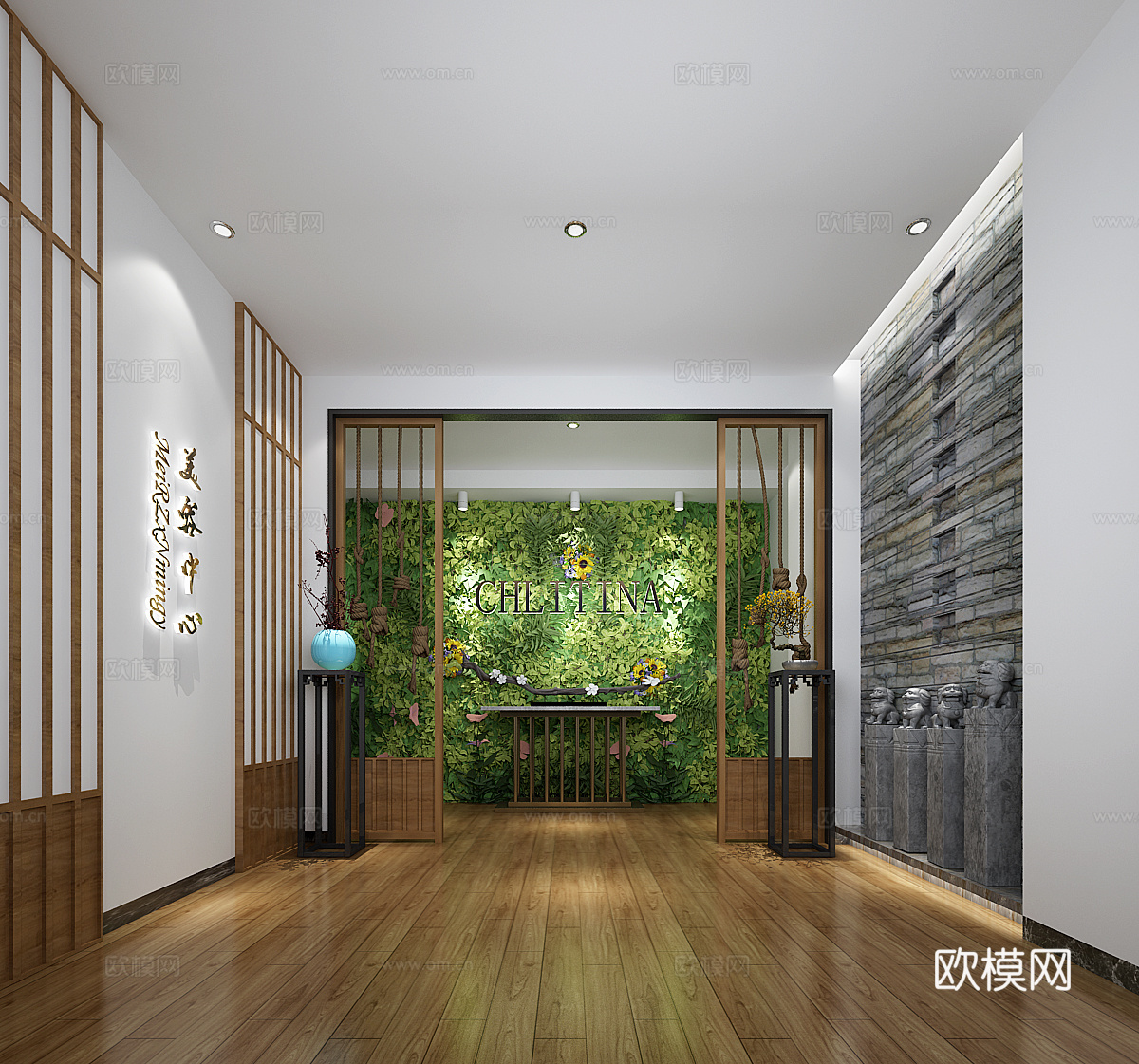 新中式美容院前台大厅 吊灯 书柜 盆栽3d模型