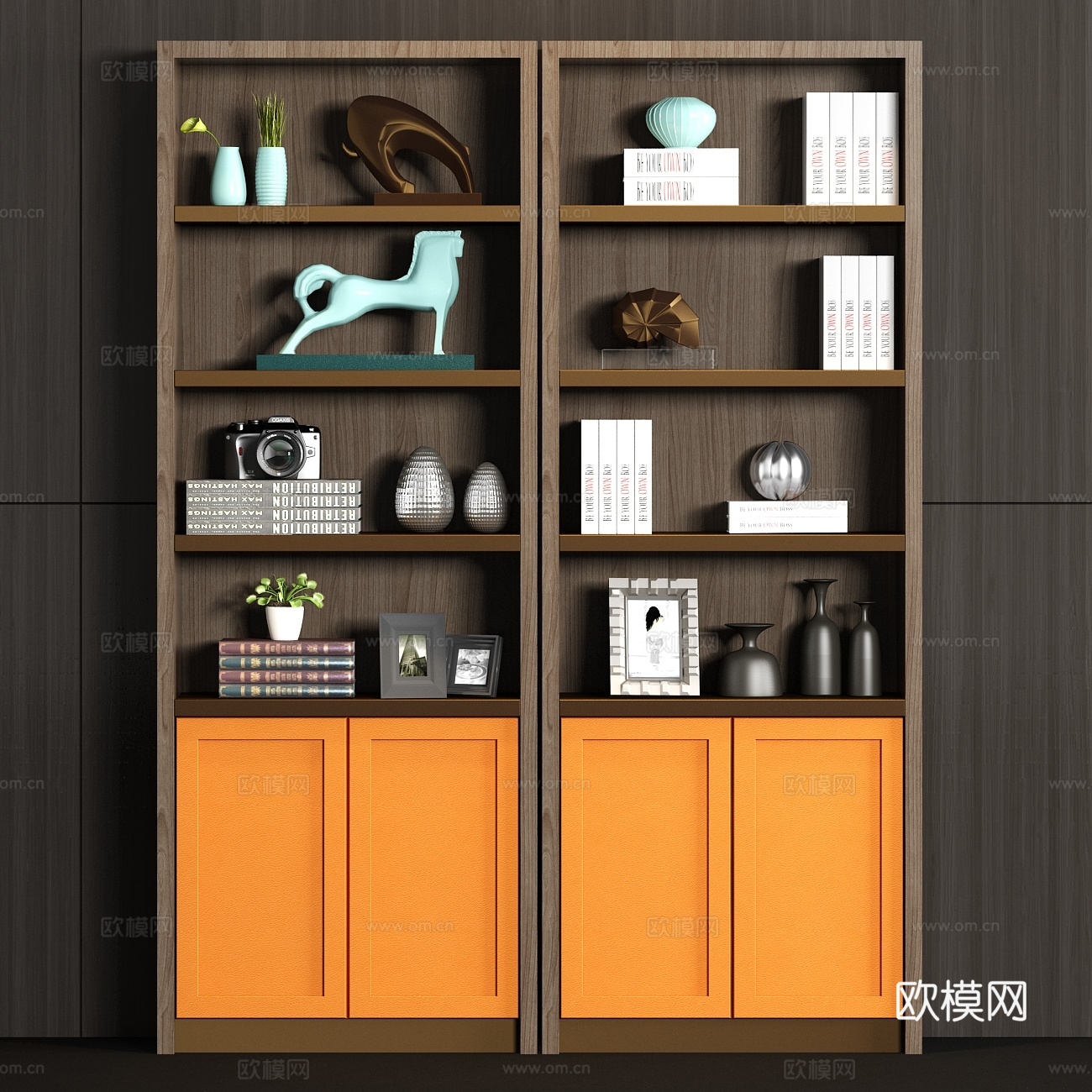新中式实木皮革书柜书籍饰品组合3d模型