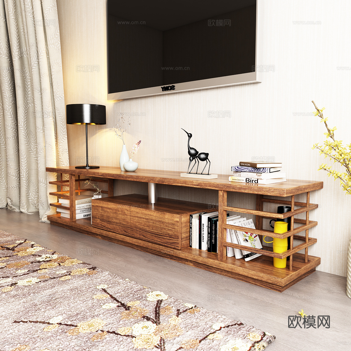 新中式电视柜 书籍饰品 花瓶 花卉 窗帘 地毯 电视模型3d模型下载（渲染图2）