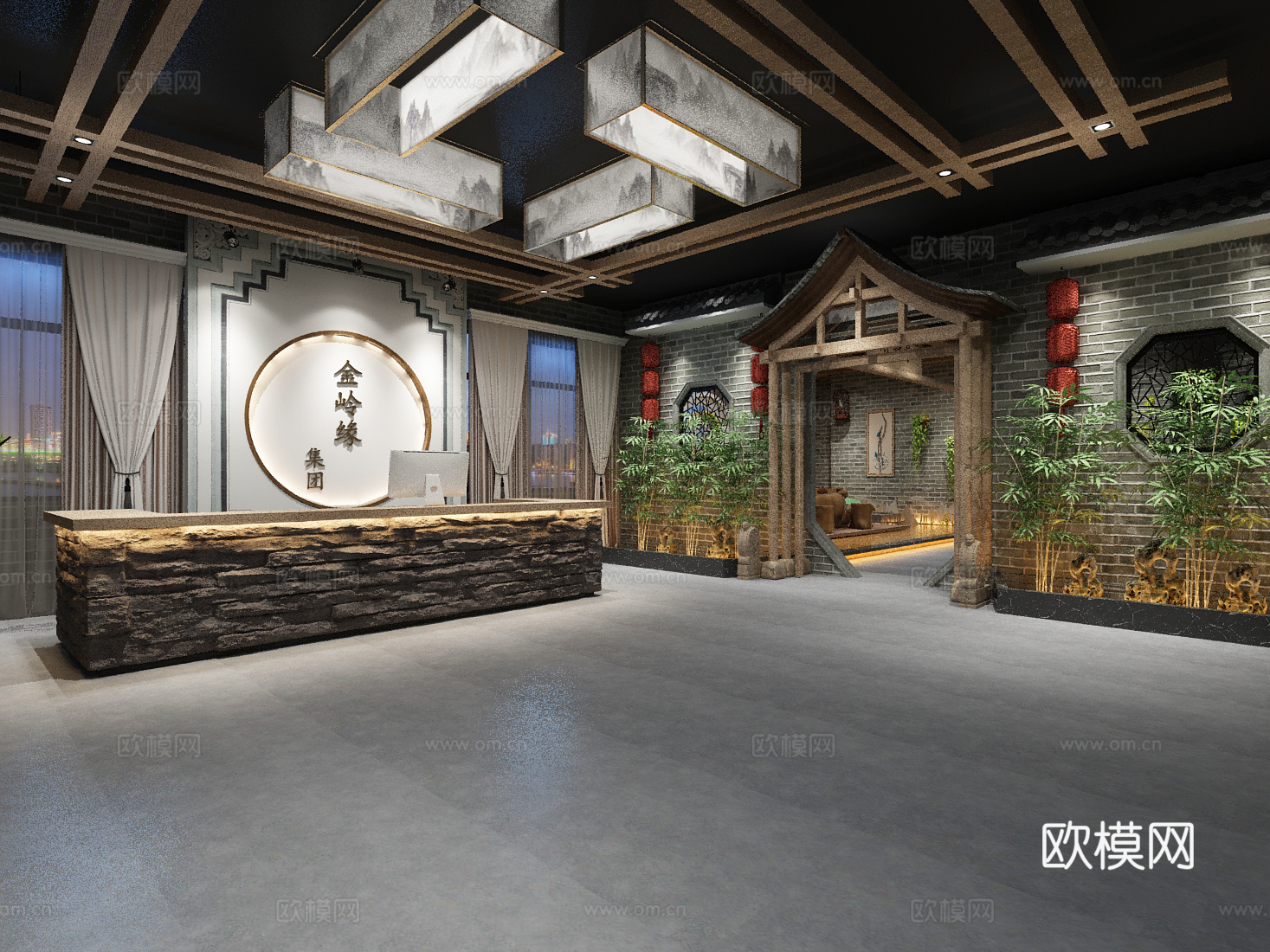 新中式办公前台茶室3d模型