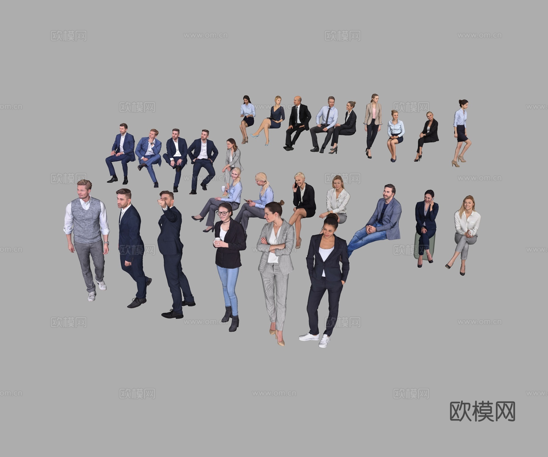 现代三维 人物多人 办公 休闲人物 坐姿 蹲姿人物su模型