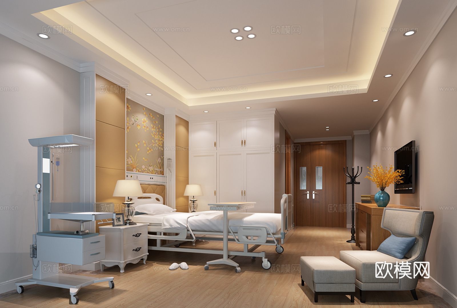 欧式简约病房 病床 衣柜 沙发 电视柜3d模型下载（渲染图2）