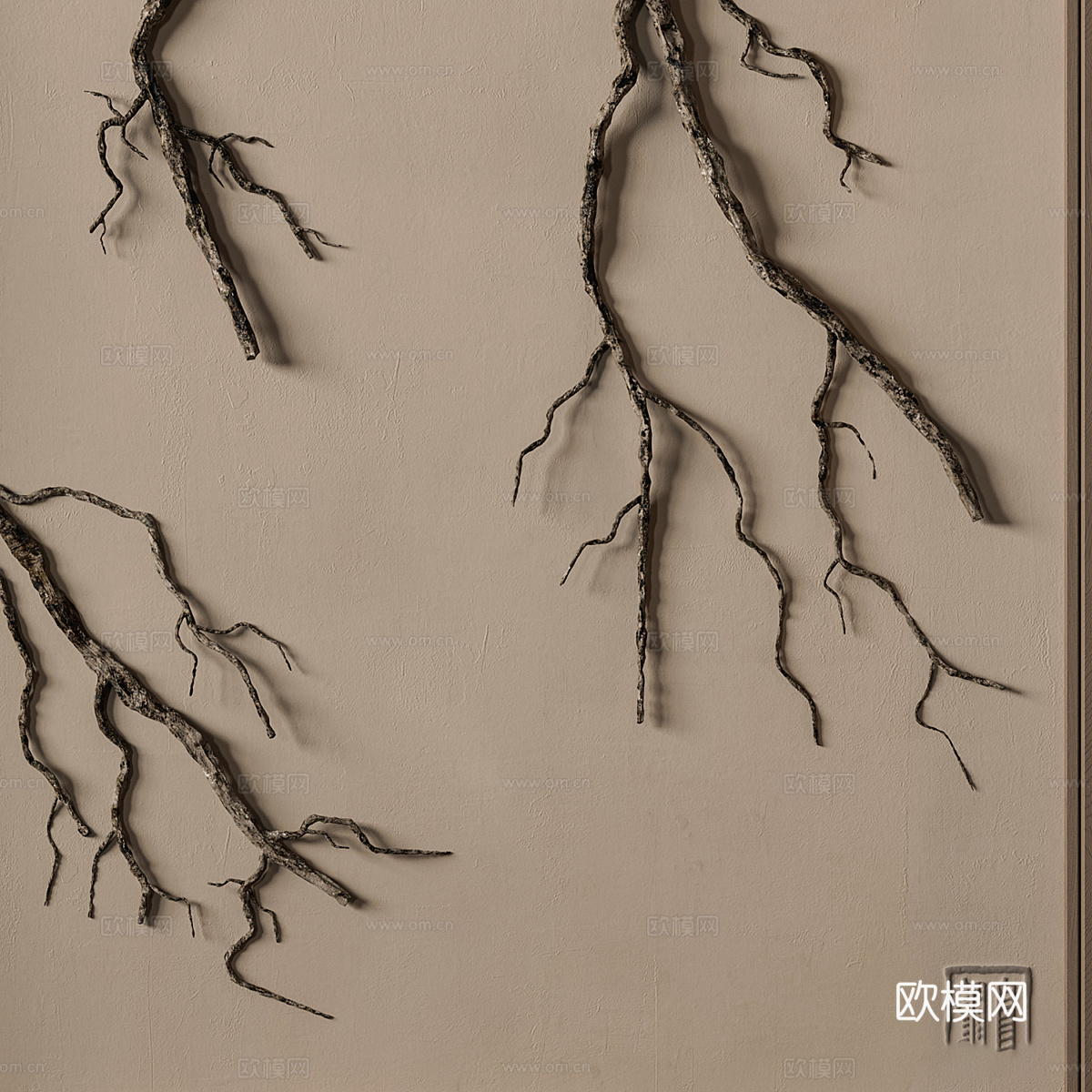 新中式天然树枝装饰挂画3d模型