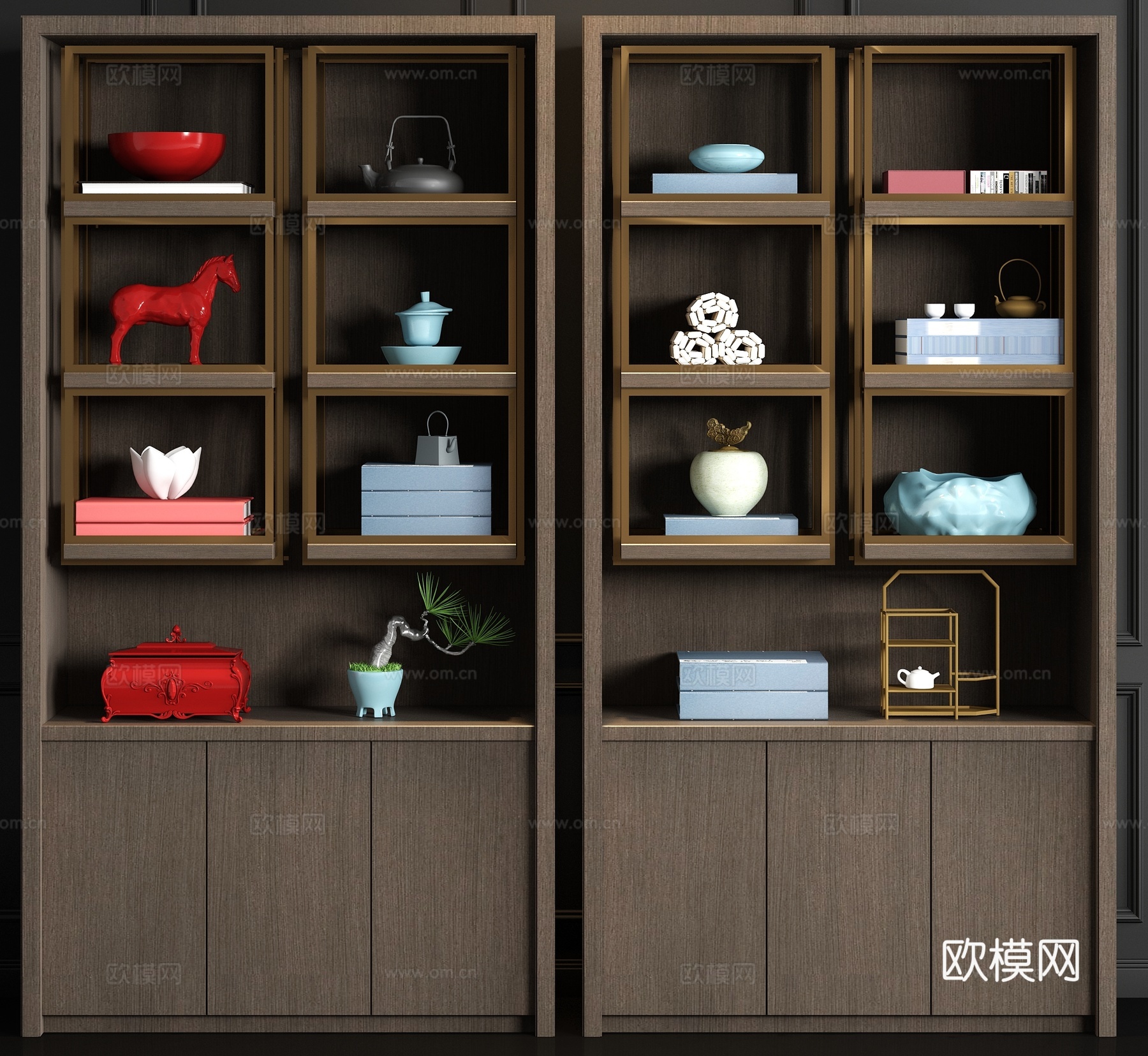 新中式实木金属书柜书籍饰品组合3d模型