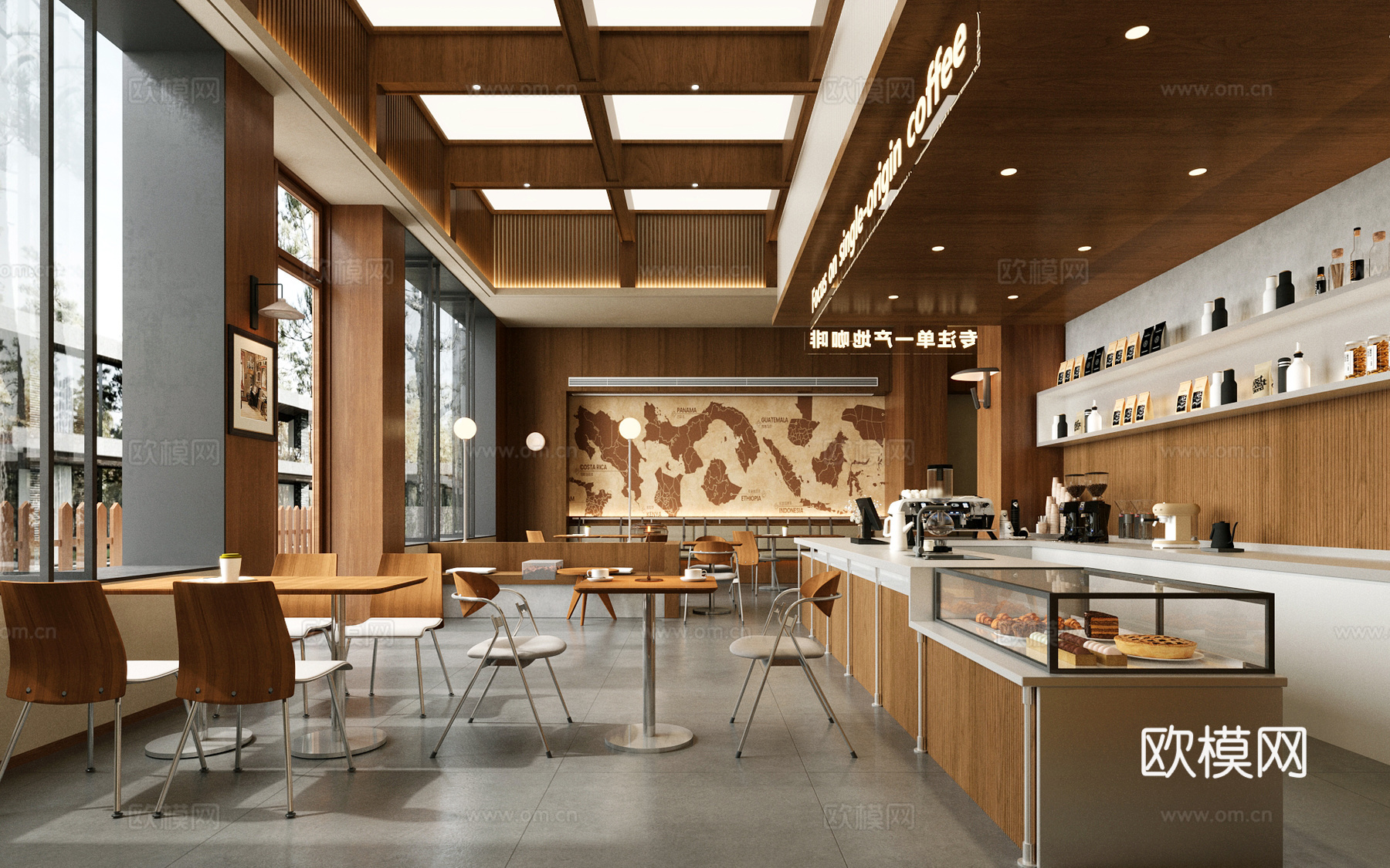 原木咖啡厅 咖啡桌椅 奶茶店 咖啡店操作台 收银前台 咖啡店su模型