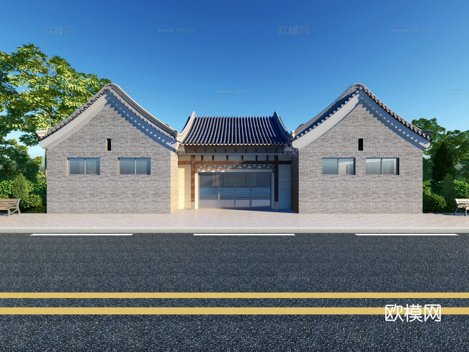 传统中式公共卫生间 马路 公园座椅3d模型