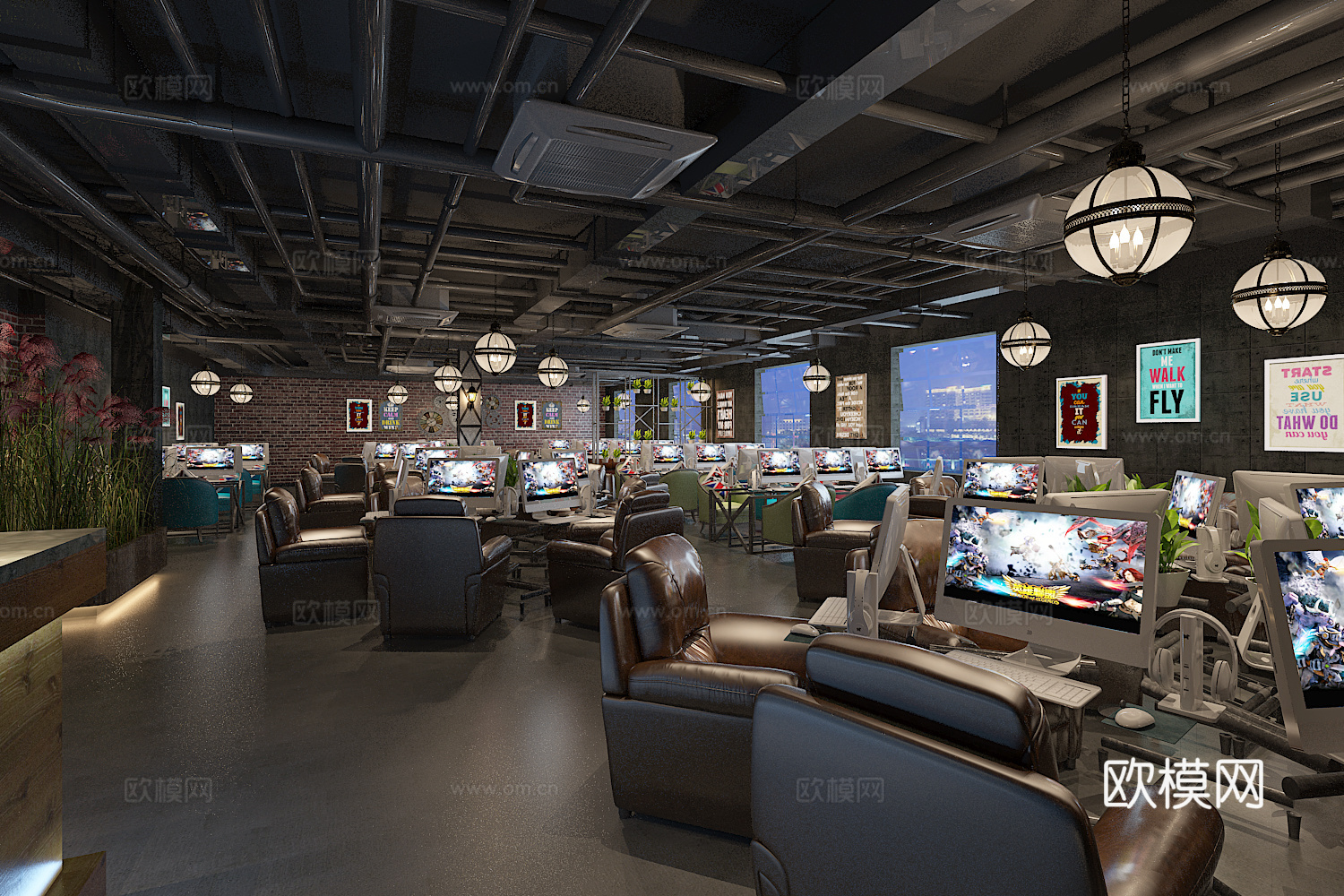 后现代工业风网咖  工业风 loft 电脑 电脑桌椅组合3d模型
