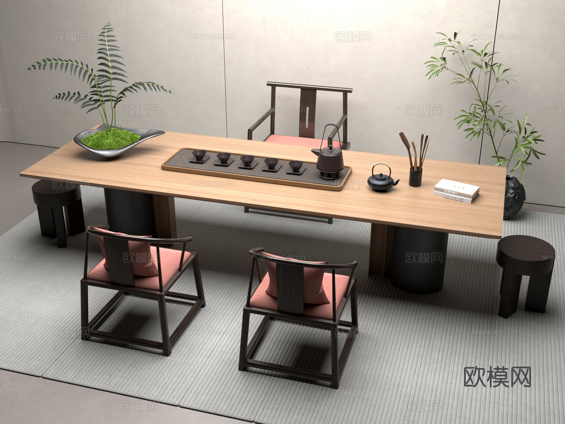 新中式 桌椅 茶桌椅 茶几 茶具3d模型下载（渲染图1）