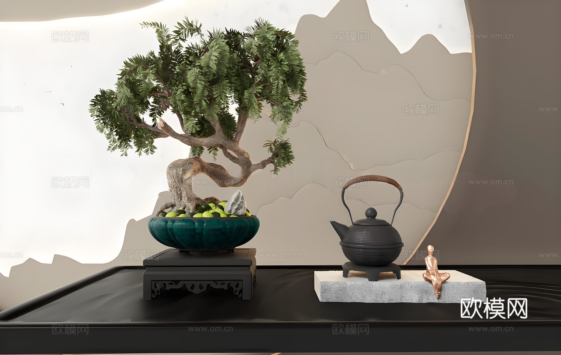 新中式禅意茶具 深绿盆景 铸铁茶壶 铜色冥想人像 抽象山水背su模型