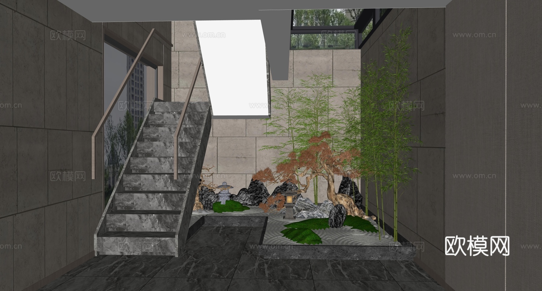 ​​新中式楼梯枯山水景观 日式庭院 白沙绿植 松树石组 金属su模型