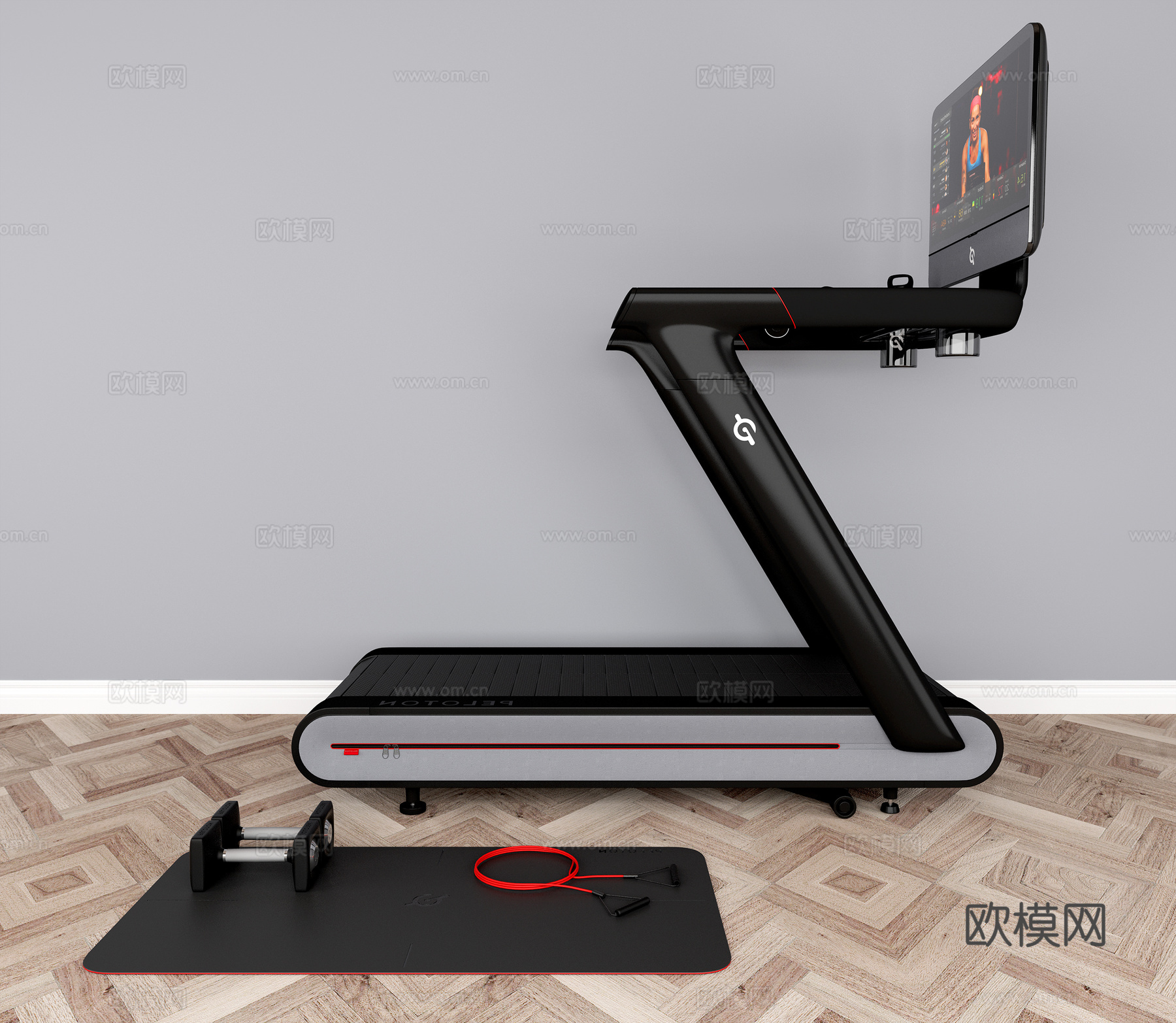 现代跑步机弹力绳哑铃瑜伽垫组合3d模型