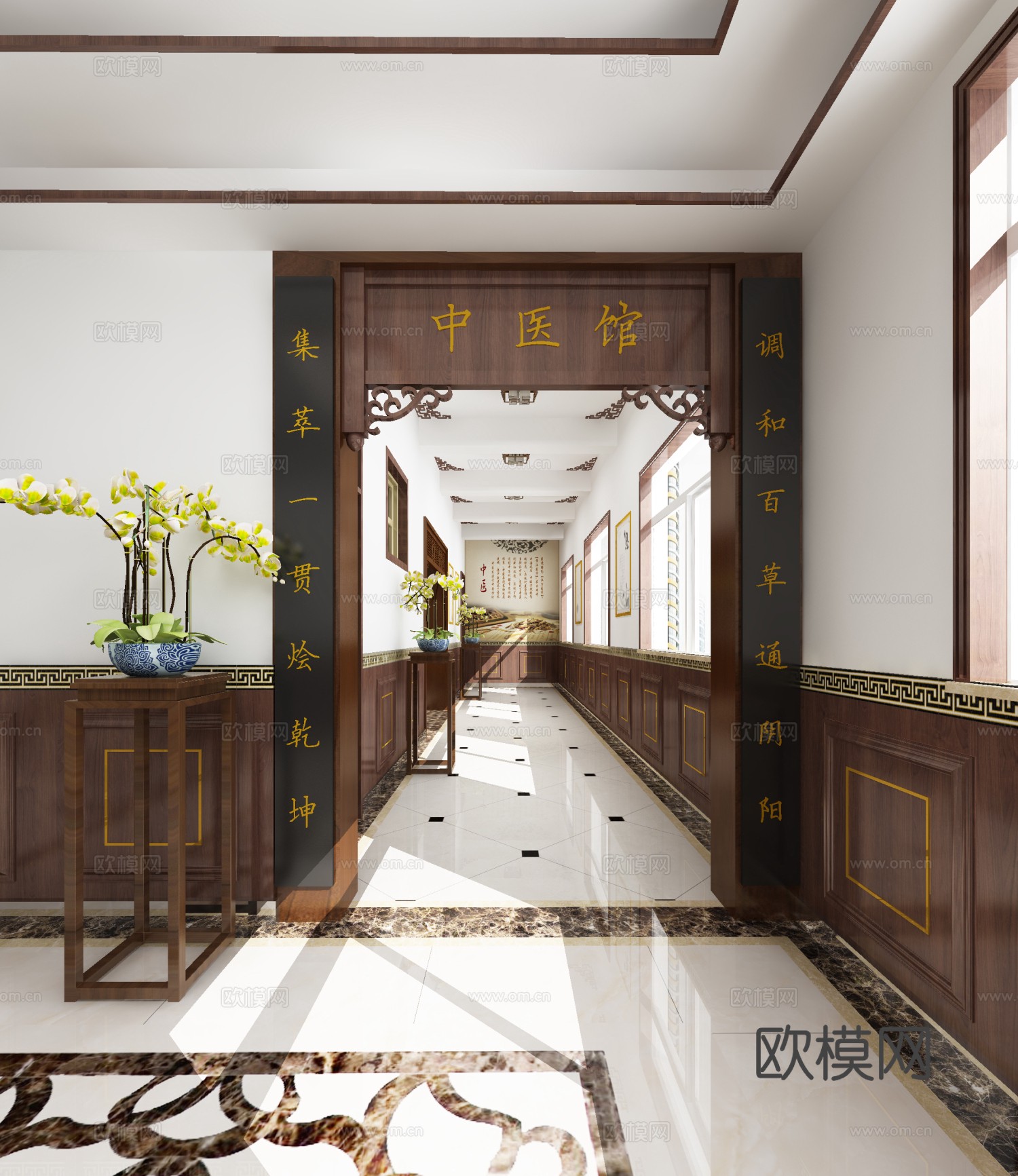 中医馆 中式格栅 中式吸顶灯 拼花地面 中式家具3d模型