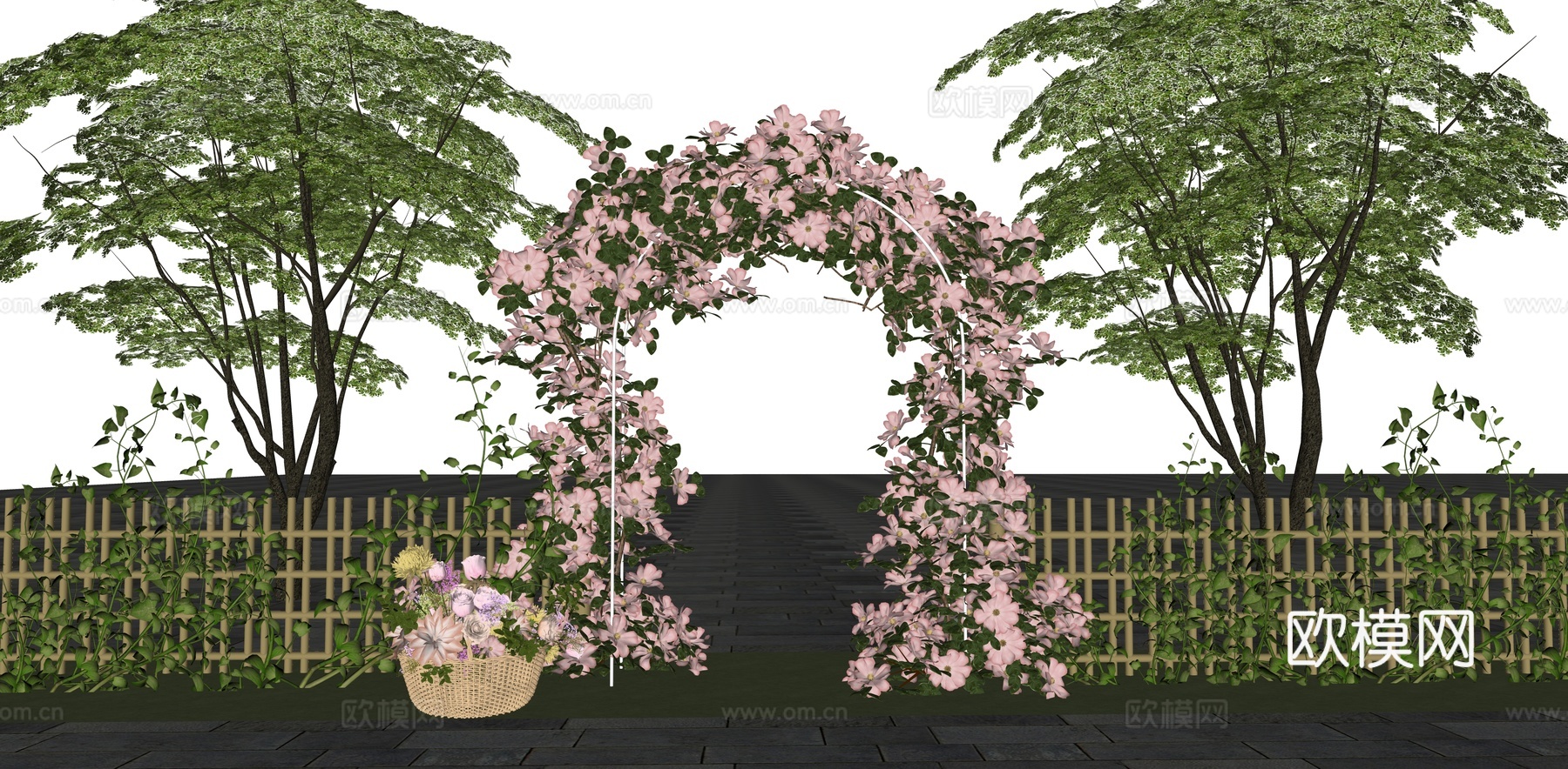 乡村庭院门 民宿小院门 花拱门 拱形花架 花篮 竹篱笆 藤蔓su模型