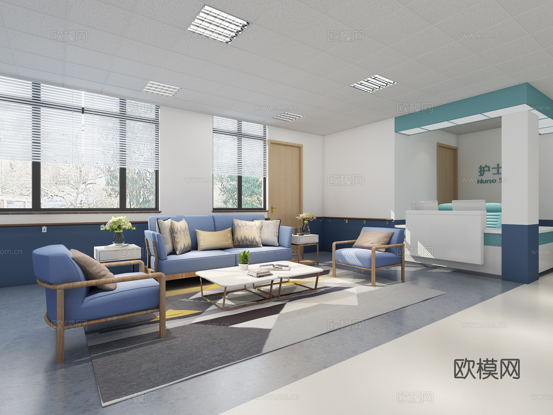 现代医院接待区休息区3d模型下载（渲染图1）