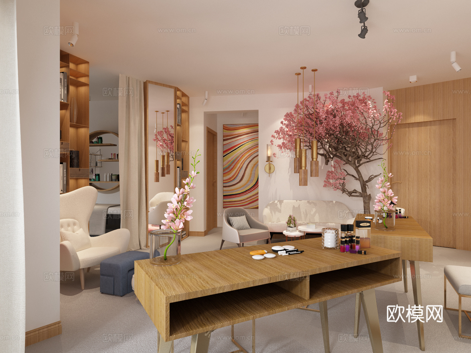 现代美甲店 装饰画 盆栽 书柜 吊灯 桌椅 物件摆件3d模型