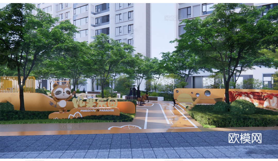 现代简约公园景观 公园景墙su模型