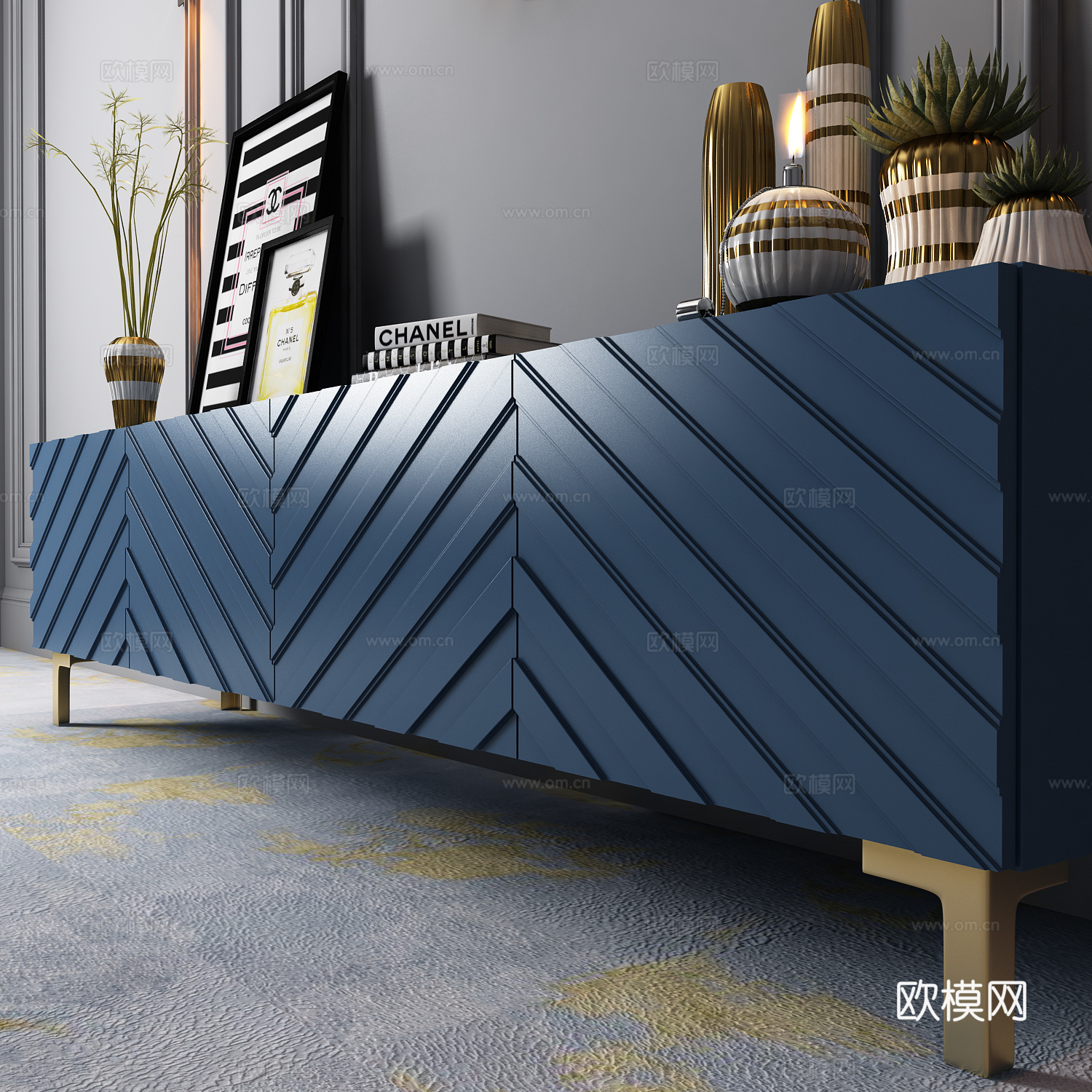 现代蓝色电视柜墙饰画饰品模型3d模型