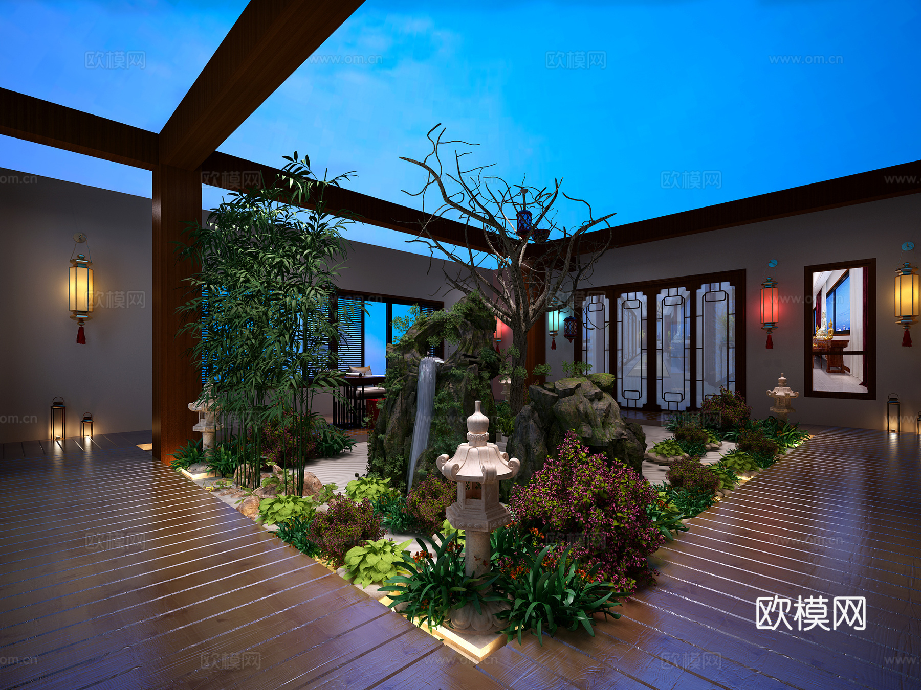 中式庭院 假山 中式壁灯3d模型