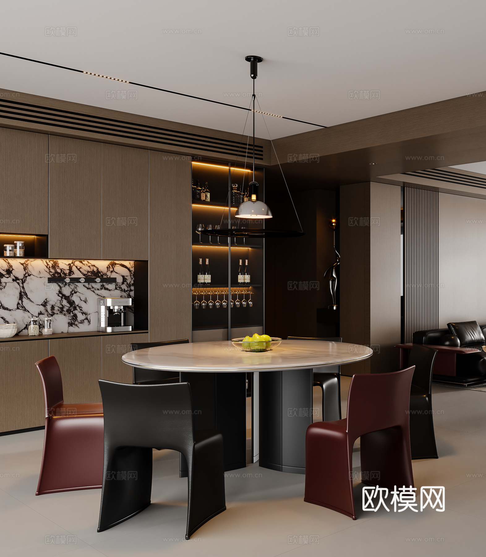 现代意式餐厅 圆餐桌椅 吊灯 酒柜 餐边柜3d模型