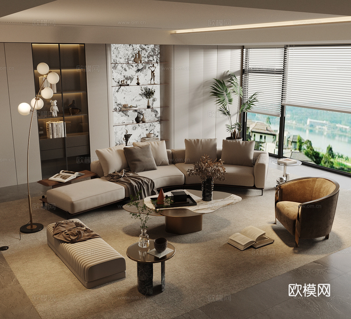 现代意式家居客厅 轻奢意式客厅 沙发茶几组合 高级灰客厅su模型