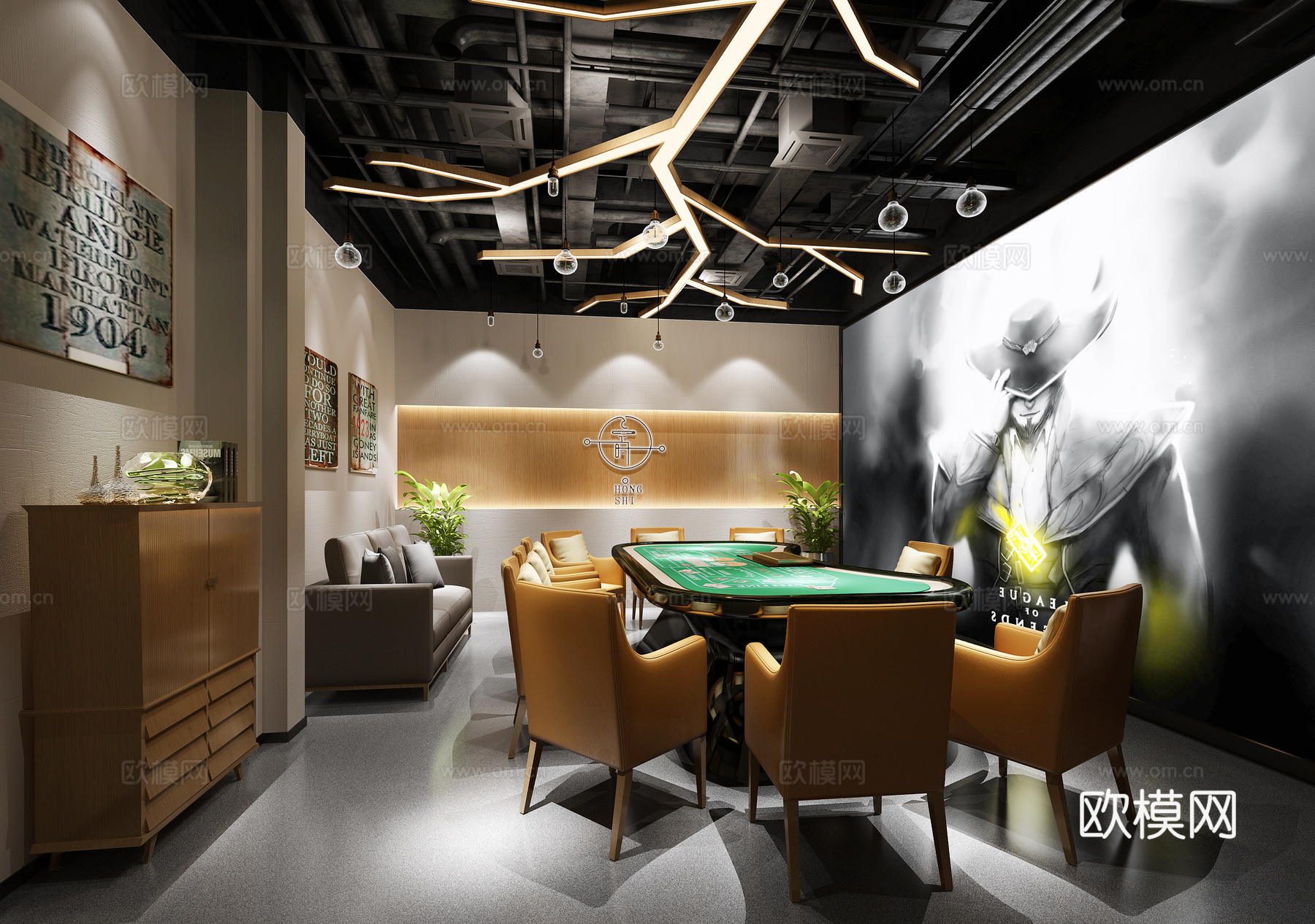 工业风网咖棋牌室 棋牌桌椅 吊灯 装饰柜 沙发3d模型