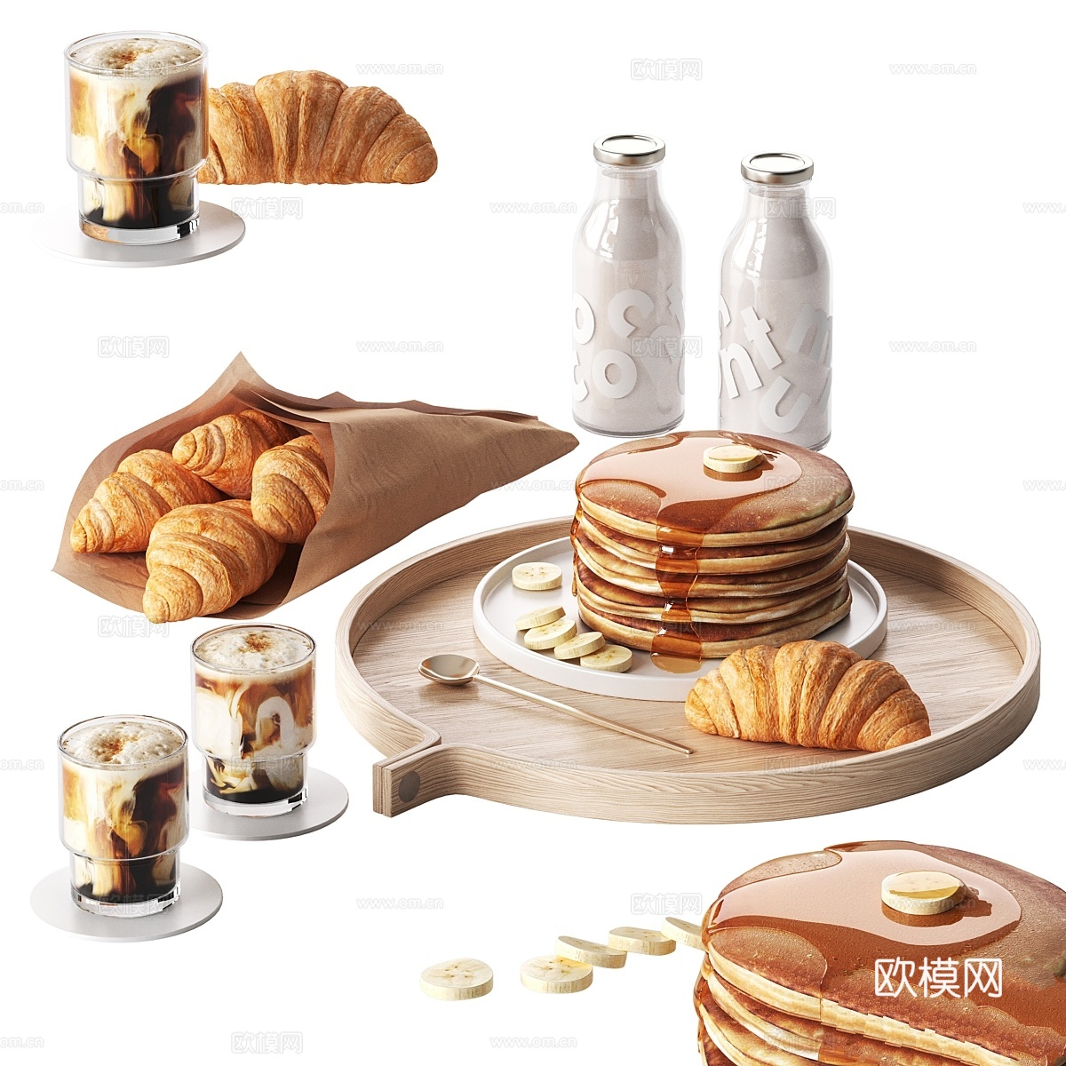 早餐配煎饼和牛角包，搭配咖啡3d模型
