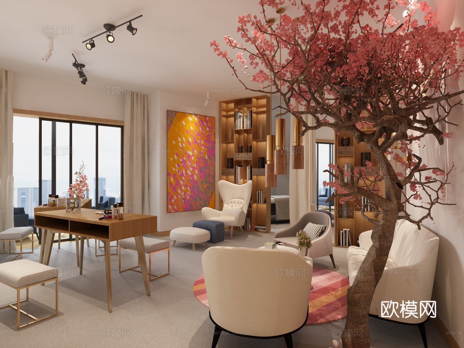 现代美甲店 装饰画 盆栽 书柜 吊灯 桌椅 物件摆件3d模型