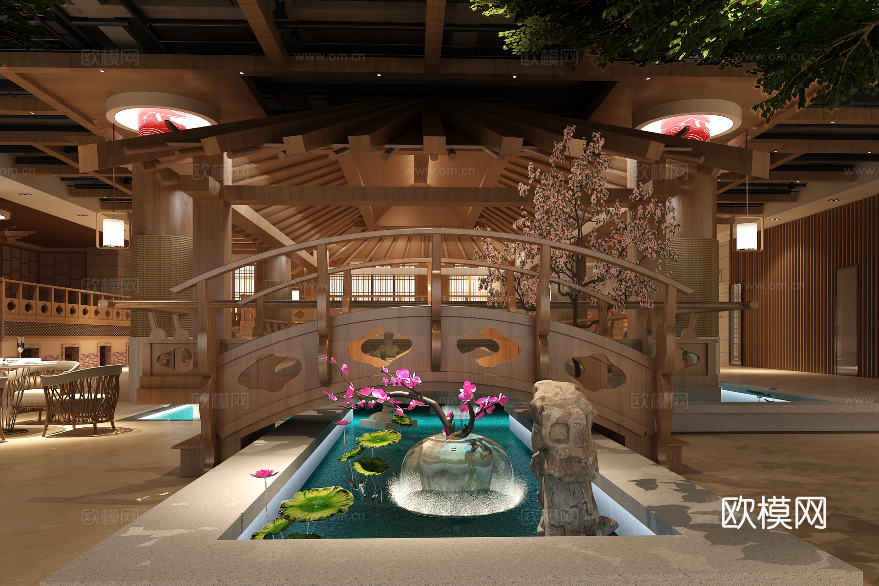 传统中式休闲大厅 餐桌椅 绿植3d模型