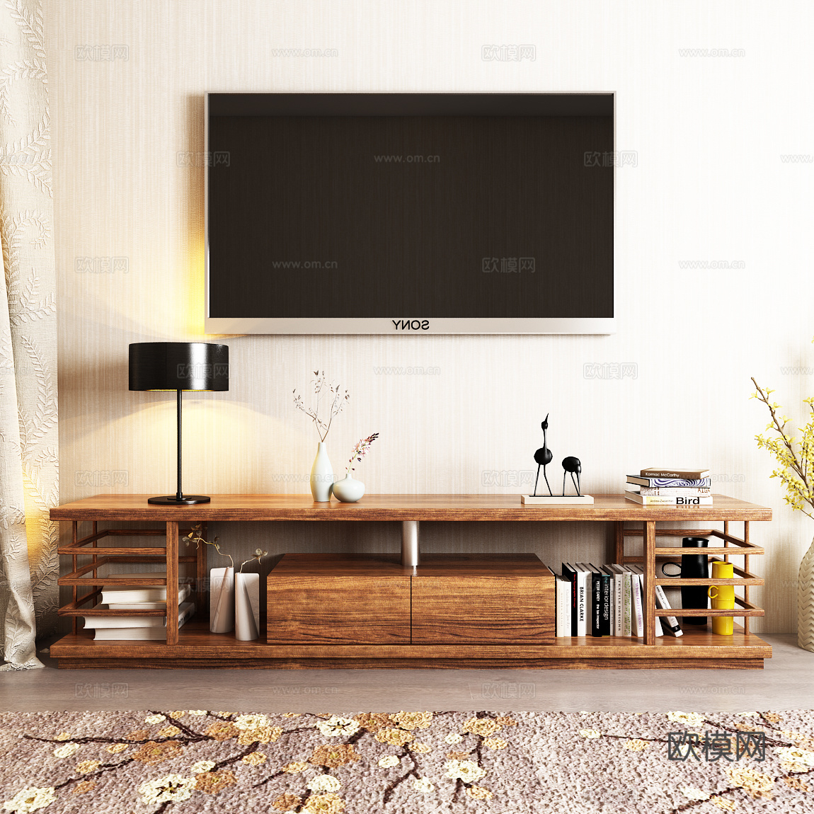 新中式电视柜 书籍饰品 花瓶 花卉 窗帘 地毯 电视模型3d模型下载（渲染图3）