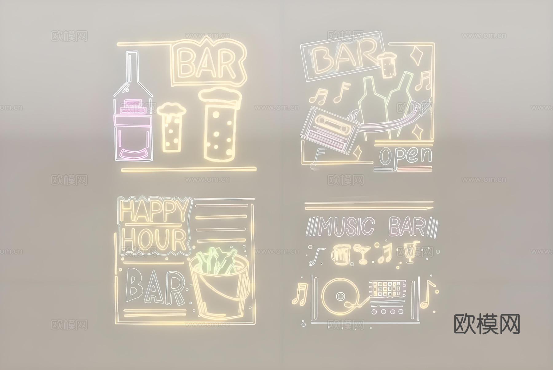 现代霓虹酒吧主题标志 发光字 柔黄粉色调 音乐餐酒元素su模型