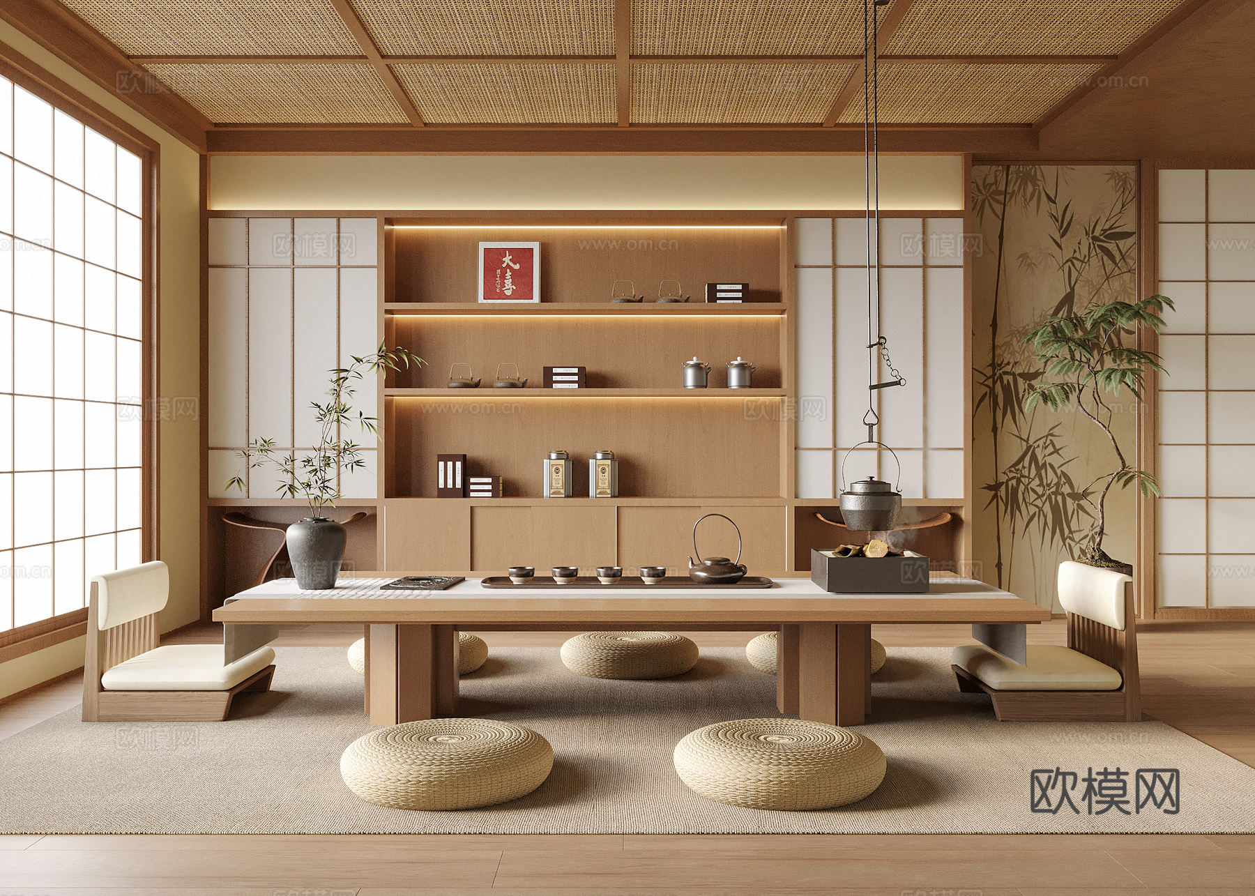 日式榻榻米茶室 茶桌椅 坐垫 茶室柜 茶具su模型