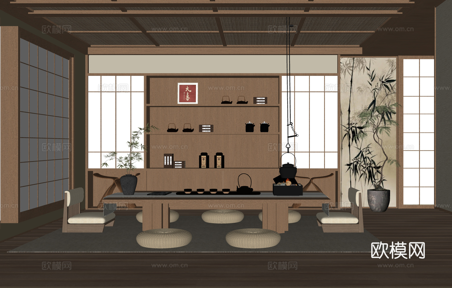 日式榻榻米茶室 茶桌椅 坐垫 茶室柜 茶具su模型