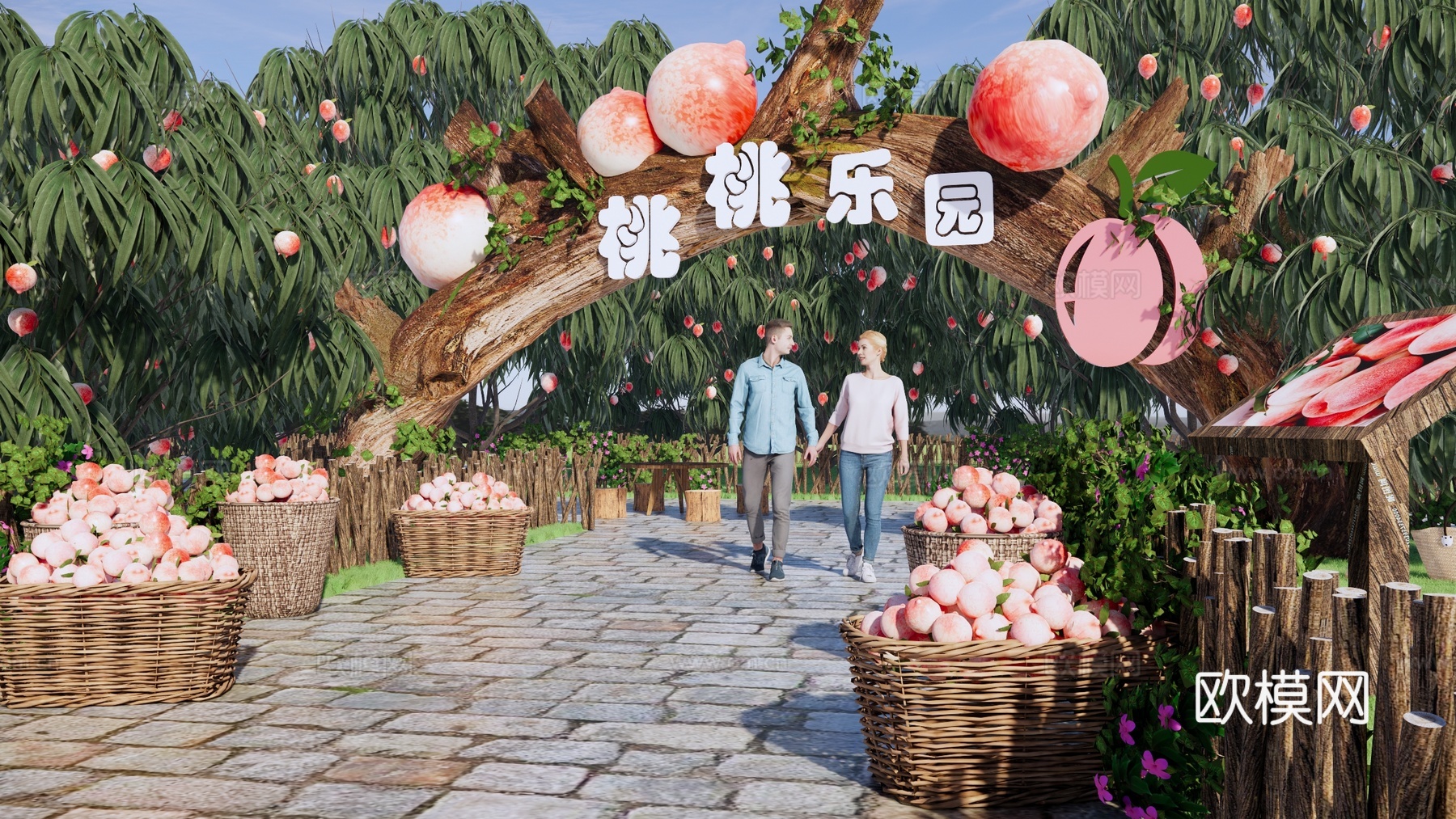 桃子采摘园 桃子公园入口 水蜜桃采摘园 桃子种植林 亲子水果su模型