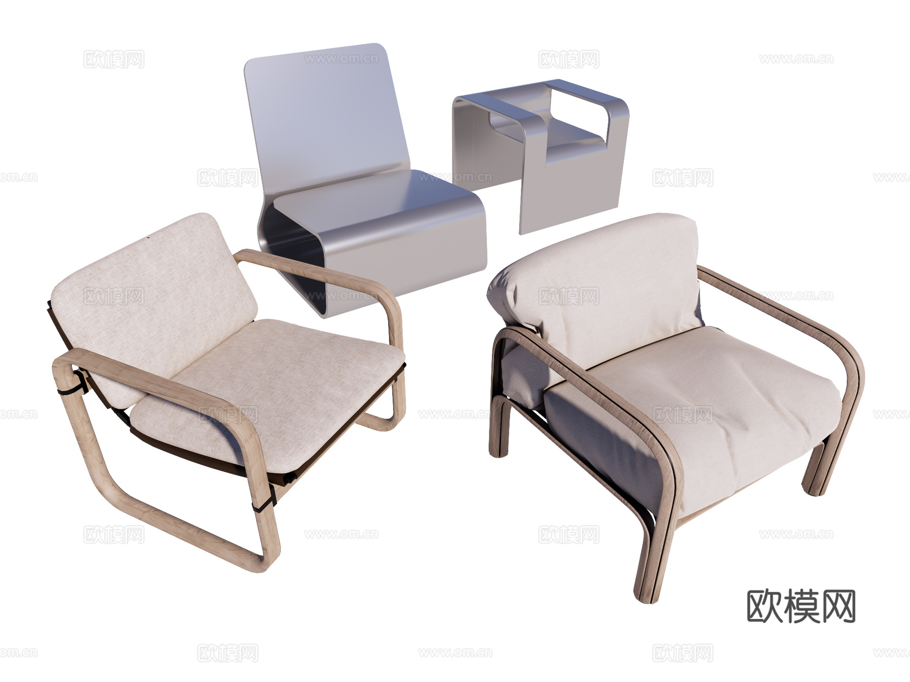 现代 奶油 中古 休闲椅 扶手椅 木椅 布椅 金属椅su模型