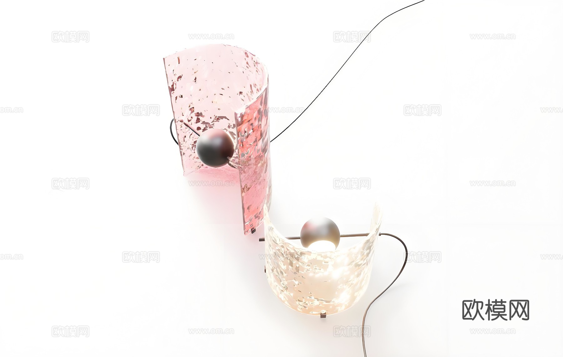 现代双灯抽象壁灯 玻璃壁灯 弯曲米白晶釉灯罩 粉色柱状碎裂灯su模型