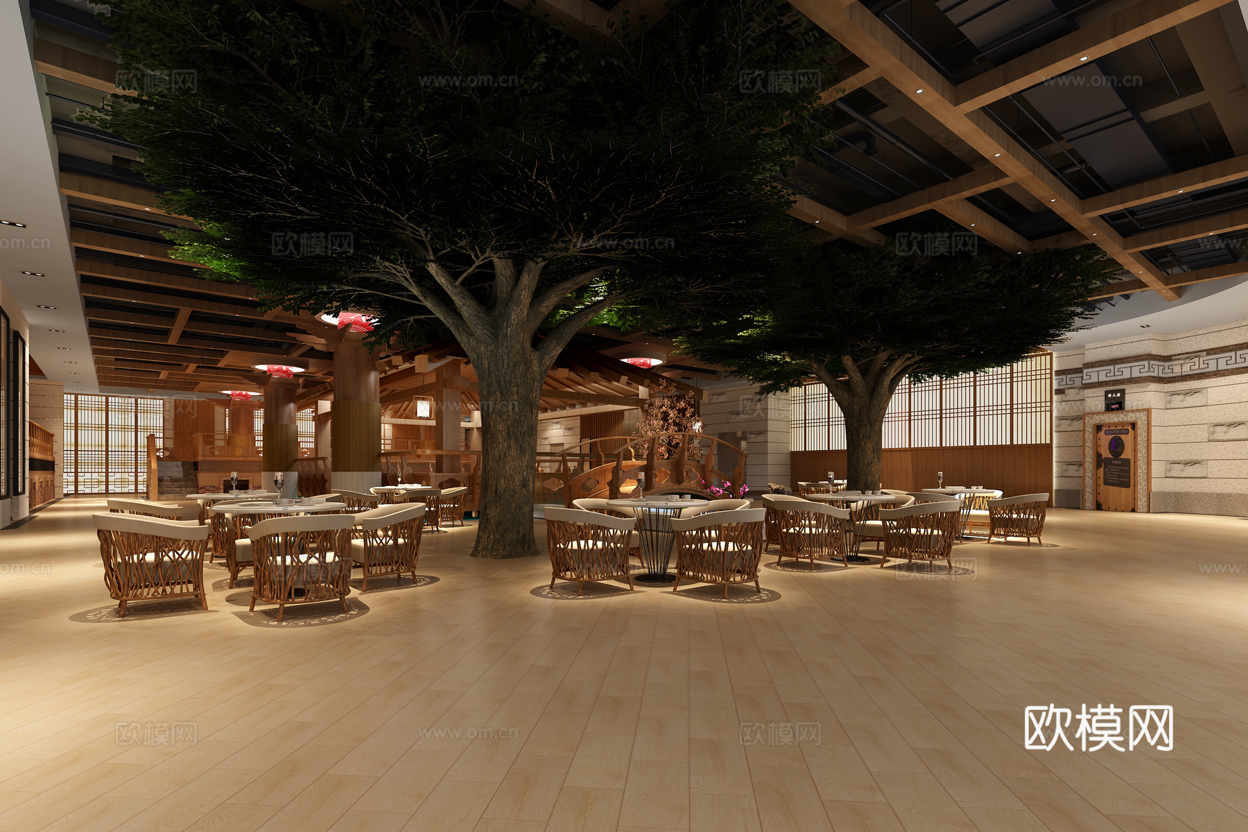传统中式休闲大厅 餐桌椅 绿植3d模型