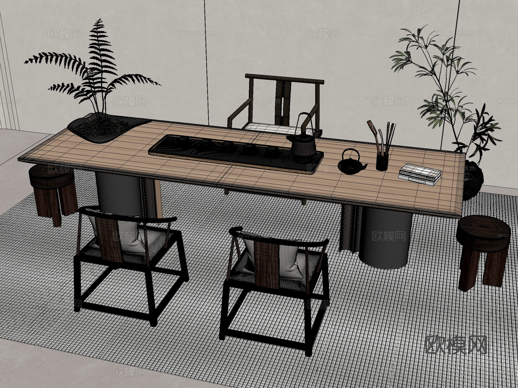 新中式 桌椅 茶桌椅 茶几 茶具3d模型下载（渲染图2）