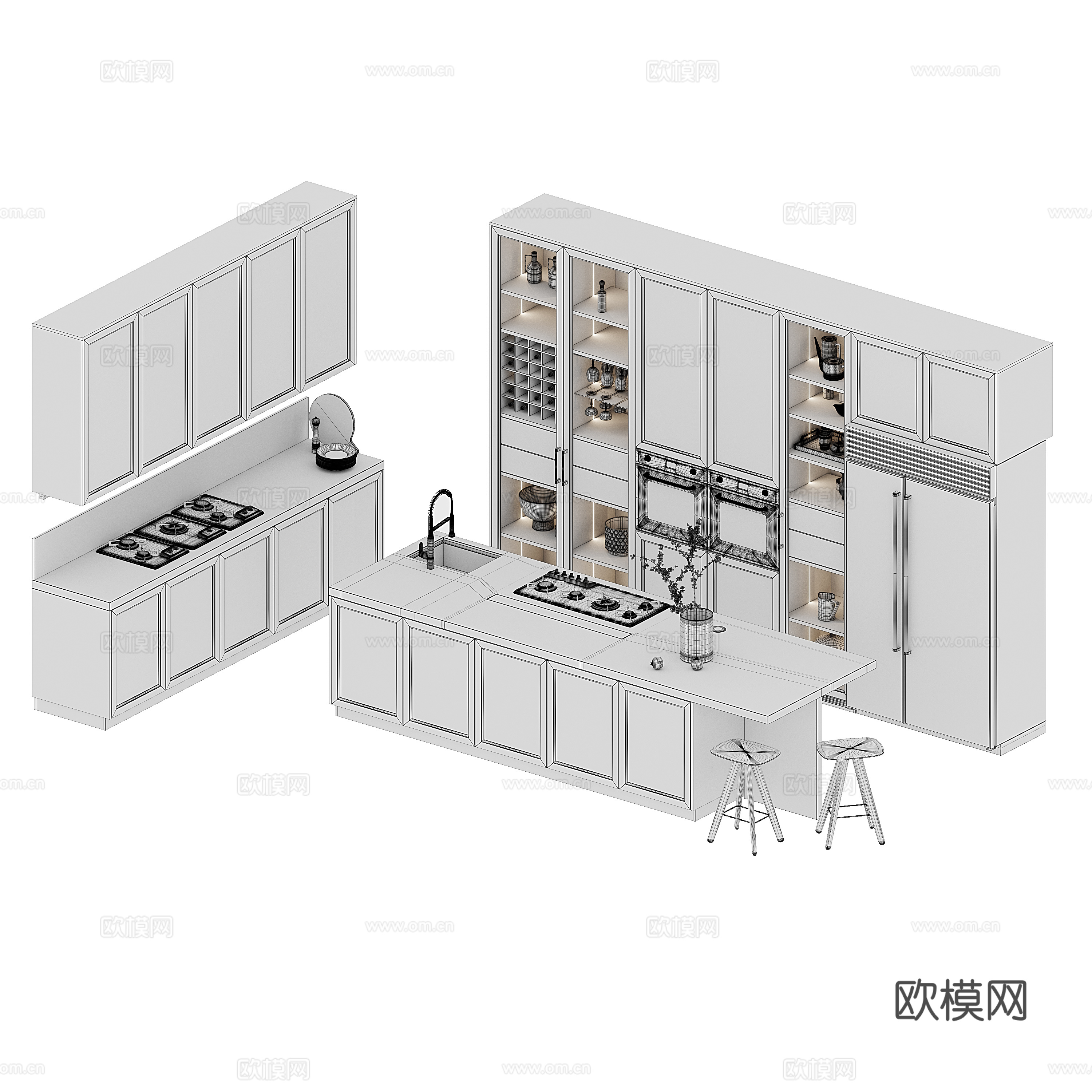 现代厨房橱柜 中岛台 燃气灶3d模型