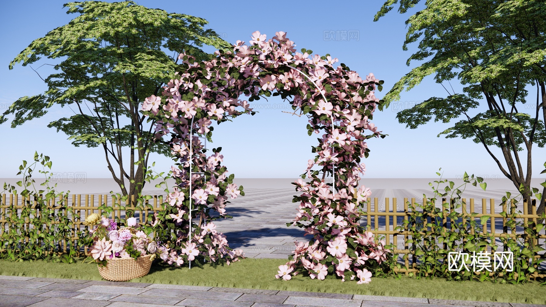乡村庭院门 民宿小院门 花拱门 拱形花架 花篮 竹篱笆 藤蔓su模型