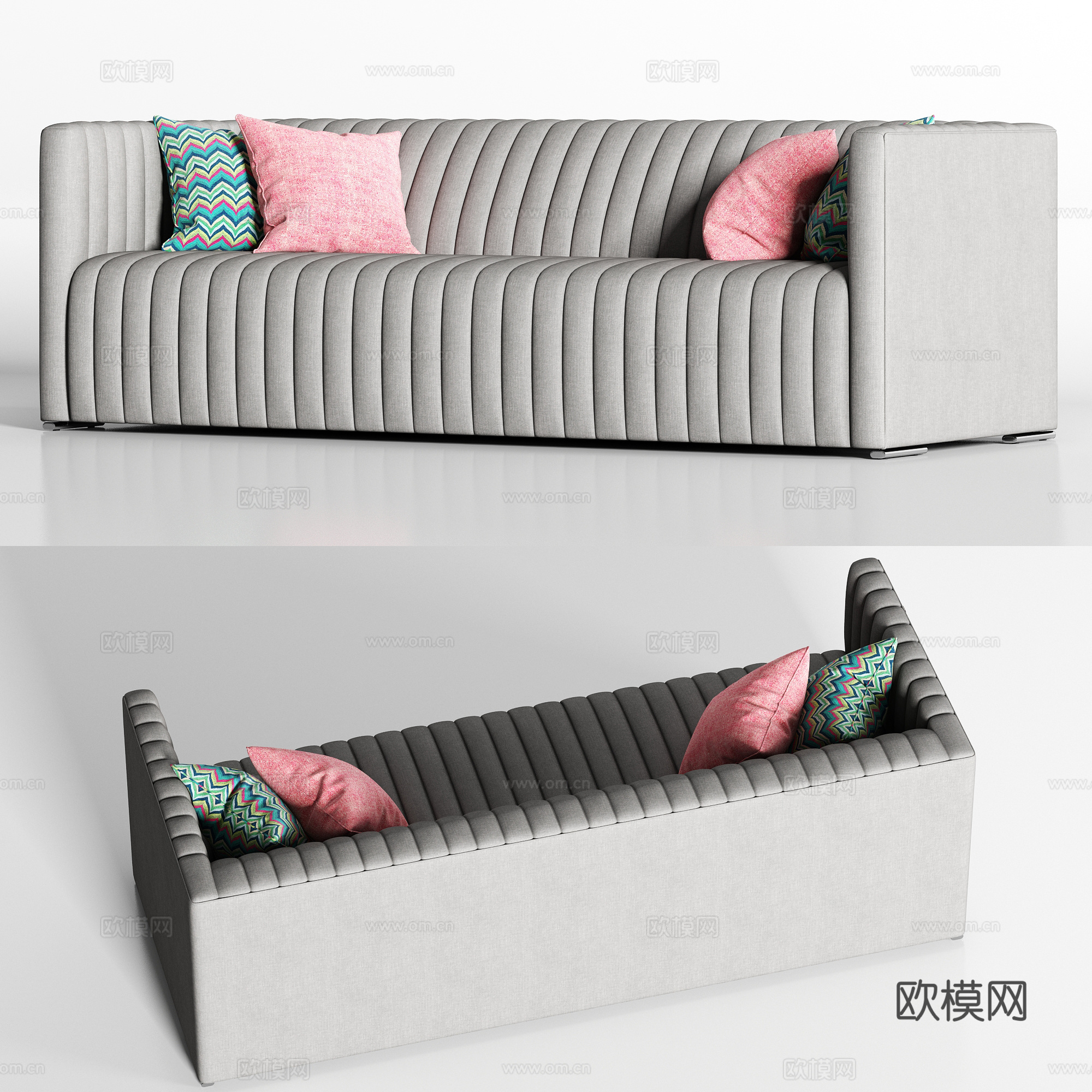 欧式简约灰色绒布多人沙发枕头组合3d模型