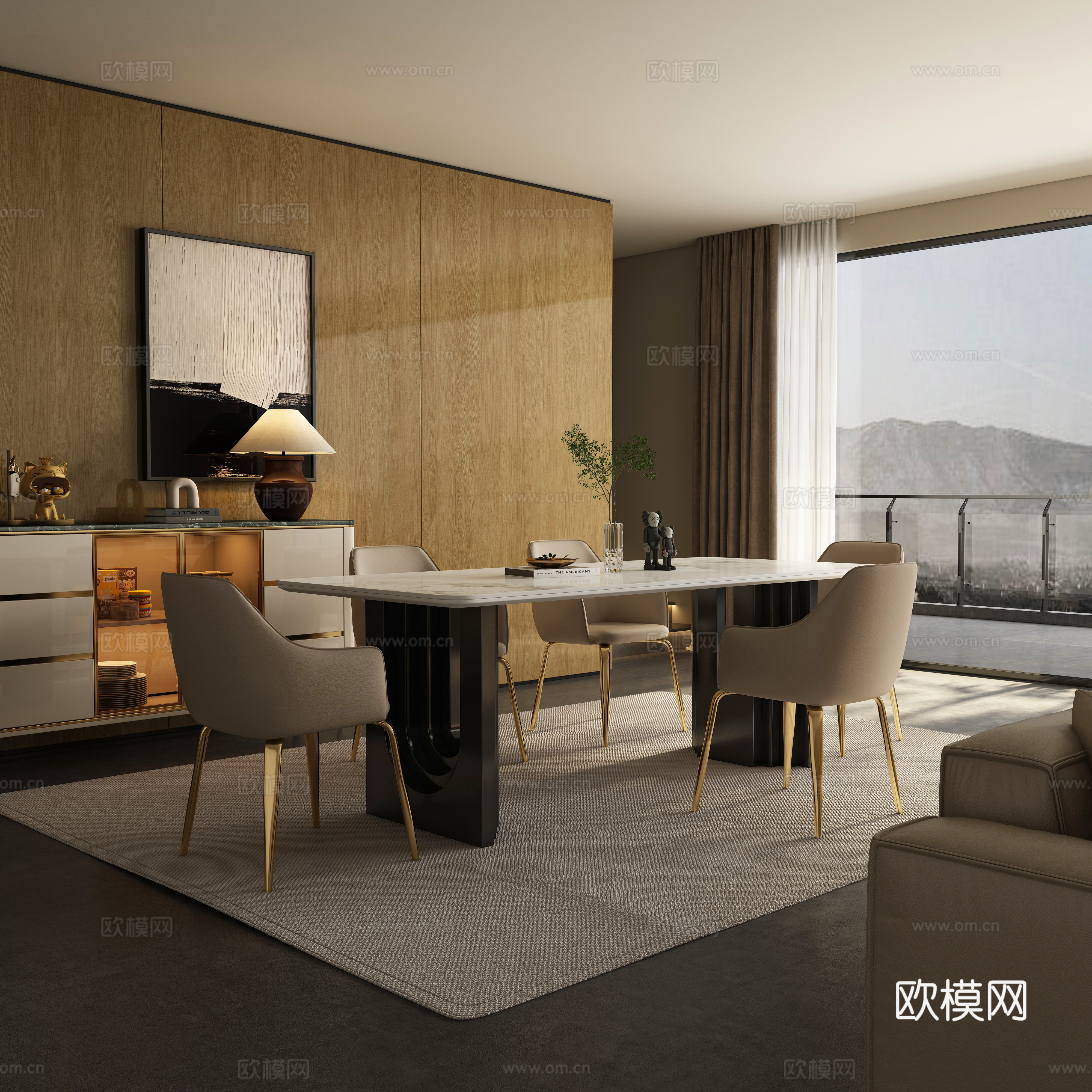 现代中古风餐厅餐桌椅3d模型下载